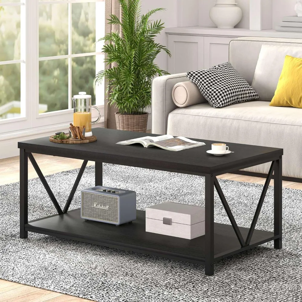 Small Coffee Table, Modern Living Room Tables with Storage Shelf, Rustic Wood Rectangle Center Table, 2 Tier Wooden Low
