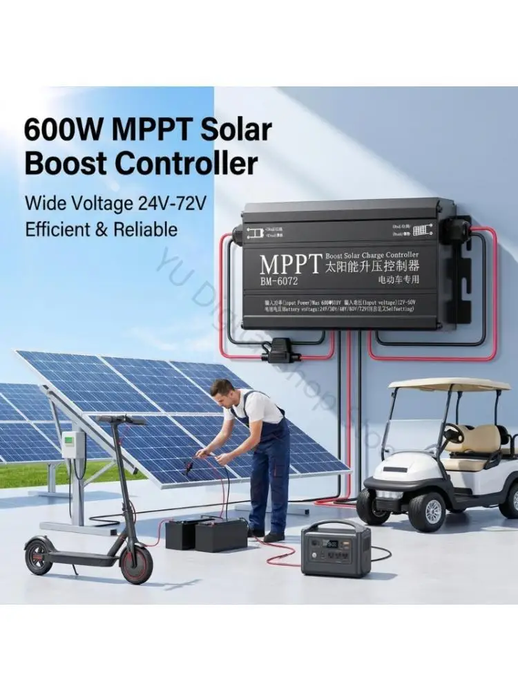 96BA Cable Connection Solar Controller 600W with MPPT for Electric Vehicle Battery Charging, 12V-50V Solar Input, Metal Housing