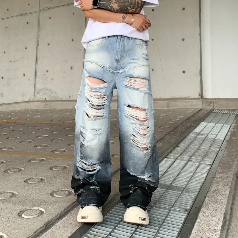 

Loose Ripped Hole Vinatge Straight Baggy Jeans for Men Cool Trend Casual Wash Denim Pants 2025 Fashion