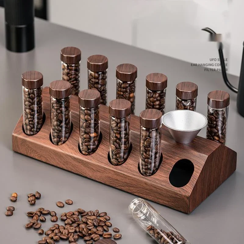 

Coffee Bean Packaging Test Tube Glass Bottle Walnut Wood Single Tube Storage Rack Coffee Tool Sealed Can Display Stand