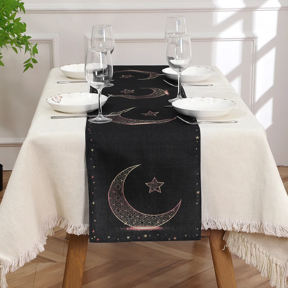 

1 pc, printed table runner for Eid al Fitr, moon and star themed fabric decoration, festive themed party and dinner decoration,