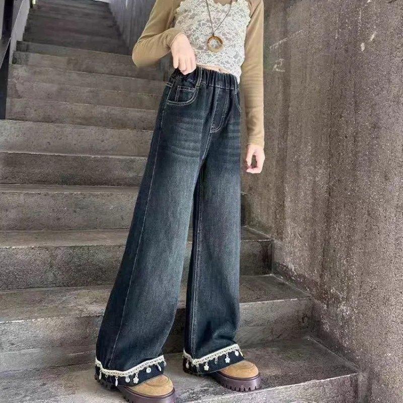 

Wide-Leg Jeans for Tween Girls, Ethnic Style Fringe Casual Straight Jeans, Fall 2025 Season Student Casual Pants