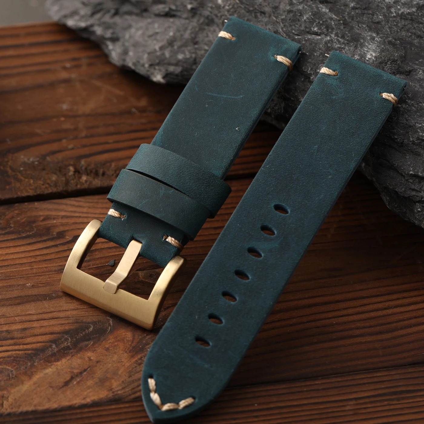 Bronzener Uhrenverschluss, 24 mm Echtlederarmband, blau-gelbe Uhr aus weichem und dickem Leder, Retro-Stil