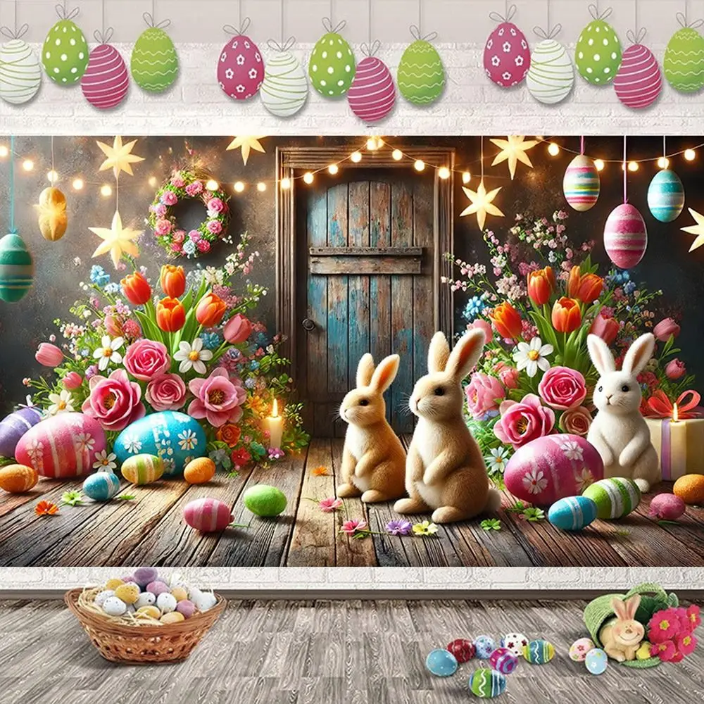 Cartoon Easter Photography Backdrop 180*110cm Flowers Grass Easter Hanging Banner Polyester Colorful Poster Photo Props