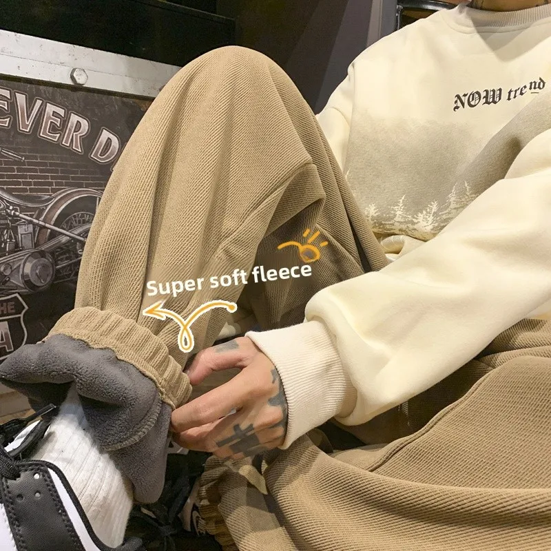 

Мужские утепленные спортивные брюки из овечьего флиса, свободного кроя, зимние повседневные длинные брюки в американском стиле, удобные спортивные штаны