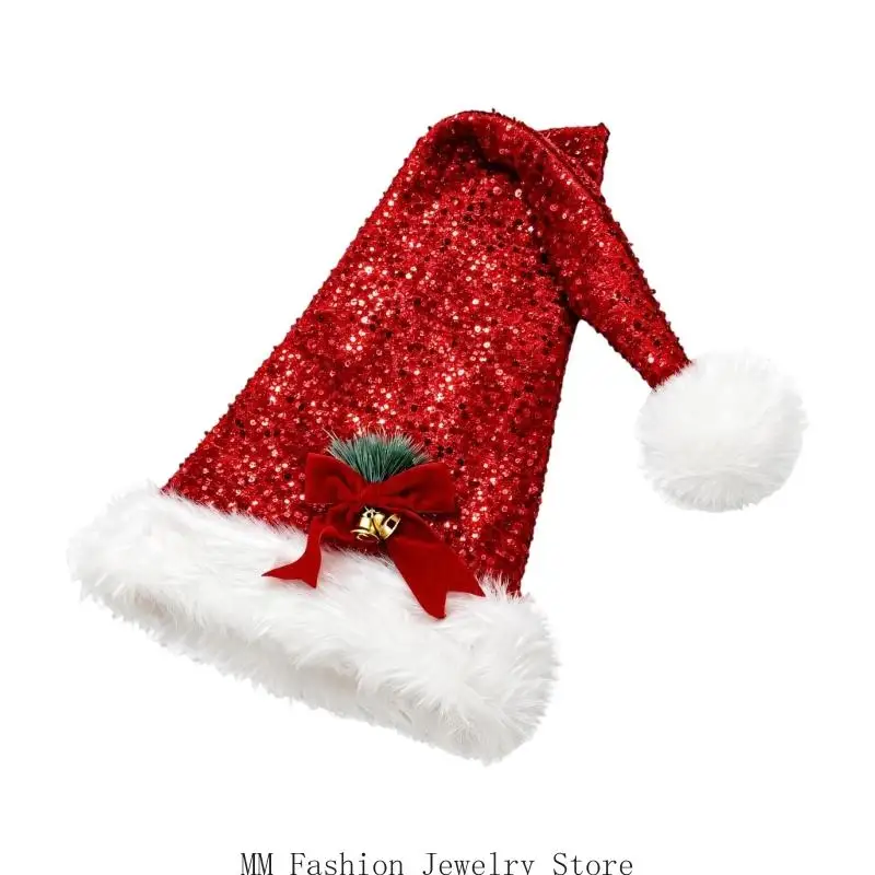 Sequined Christmas Cap with Bows and Jingling Bells Decors for Festival Photo Wear D0UB