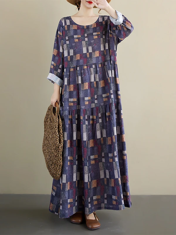 الخريف منقوشة طويلة Sve جولة Ne فضفاض ألف خط الدكتور الكتان القطن ميدي تنورة خمر Sle Ci المشي مناسبة لمتوسطة العمر...