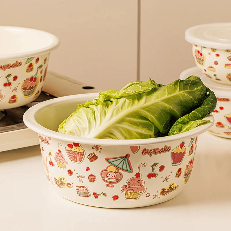 Enamel Basin Large Capacity Thickened Enamel Kitchen Vegetable Basin Cute Dessert Printing Household Soup Basin Container