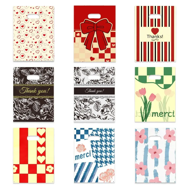 

14 Kinds Plastic Gift Bags With Handle Thank You Packing Bag Cute Heart Design Shopping Bag Jewelry Wedding Birthday 10PCS