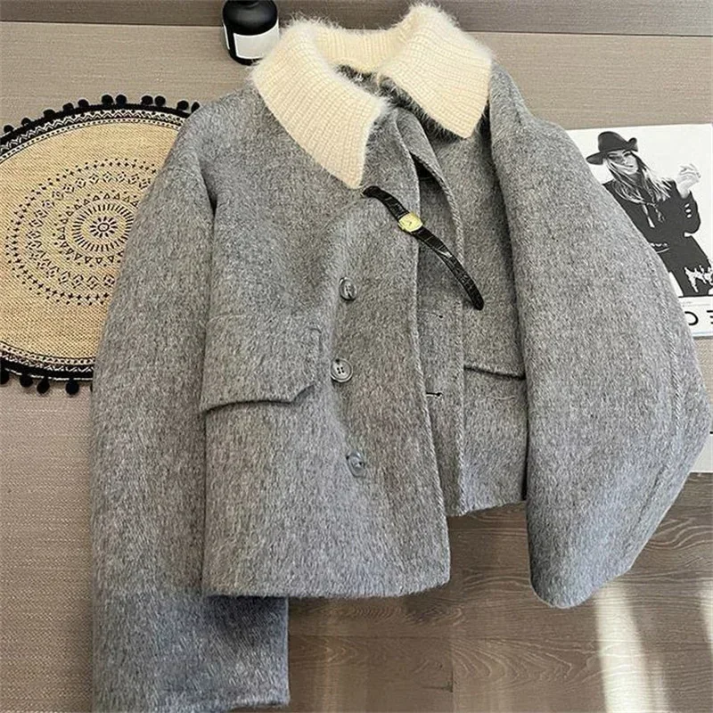 Boreathiman 2024 Luxury Women Woolen Coat Winter Detachable Knitted Collar Double-Sided Jackets Elegant Office Ladies Outerwear