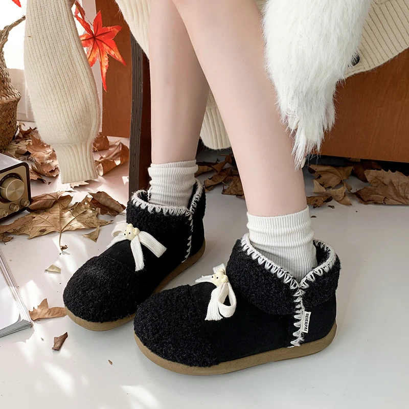 Winter Women's Round Toe Flat Plush Warm Snow Boots Fashionable Bow Decoration Casual Solid Color Low-cut Cotton Shoes