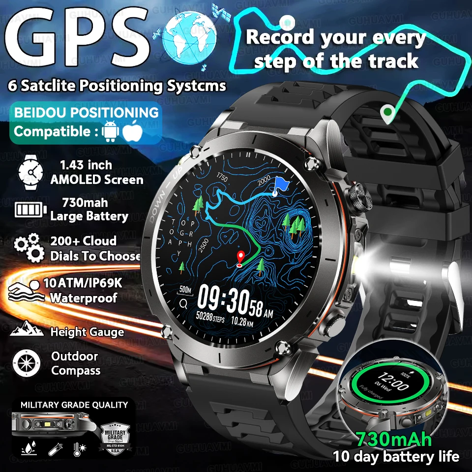 

New Military GPS Outdoors Sports SmartWatch Built-in Dual-Band GNSS Compass Altimeter 10ATM Waterproof Call Military Smartwatch
