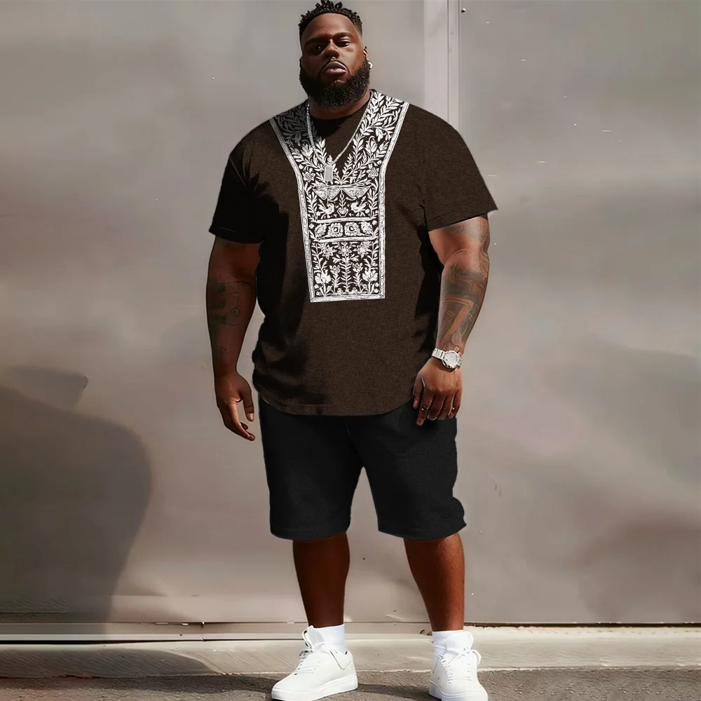 

S-9xl plus size Men's Short Sleeve Set: Ethnic Charm - 2-Piece Big & Tall Fit, Breathable Fabric, Soft Folk Motif Prints,