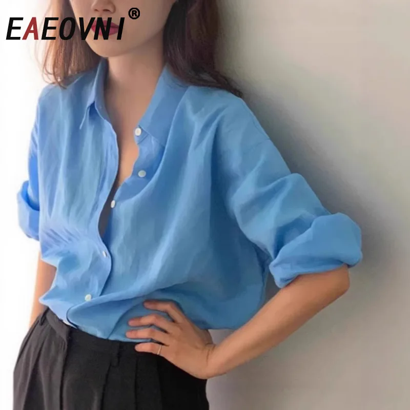 

EAEOVNI Solid Color Linen Fashion Shirt Women Long Sleeve Button Versatile Blouse 2025 Summer Sunscreen Clothing