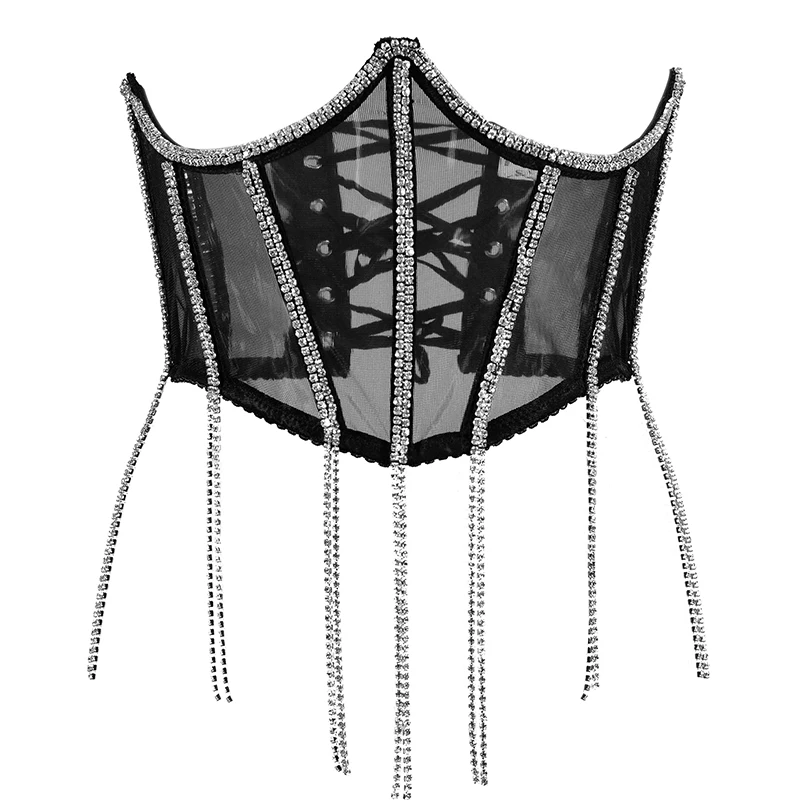 Fashion Corset Top with Rhinestone Sexy Bandage Mesh Top Vintage Clothes Luxury Diamond Slim Belt Wrap Girdle Streetwear 2022