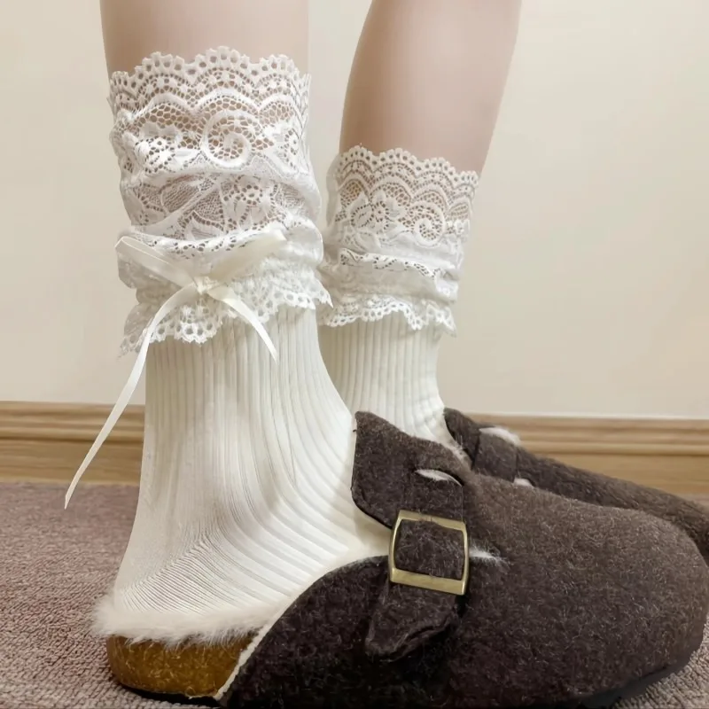 Harajuku الحلو Kawaii الباليه نمط منتصف العجل جورب اليابانية لوليتا Jk الدانتيل العجل كومة القوس جوارب بيضاء النساء الجوارب المنزل الطابق جورب
