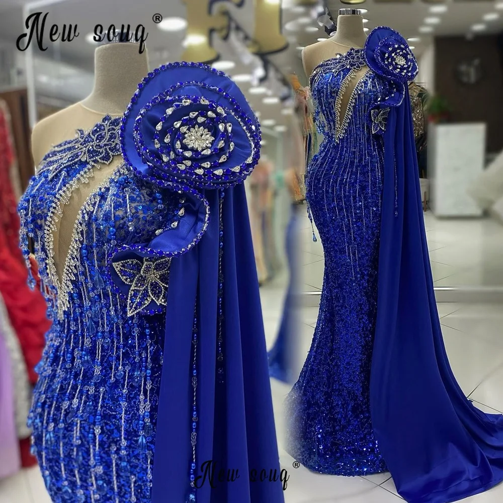 Vestido de celebridade manga azul longa, borla de cristal, flor 3D, vestidos de casamento para a noiva, vestidos de baile de noite formais luxuosos