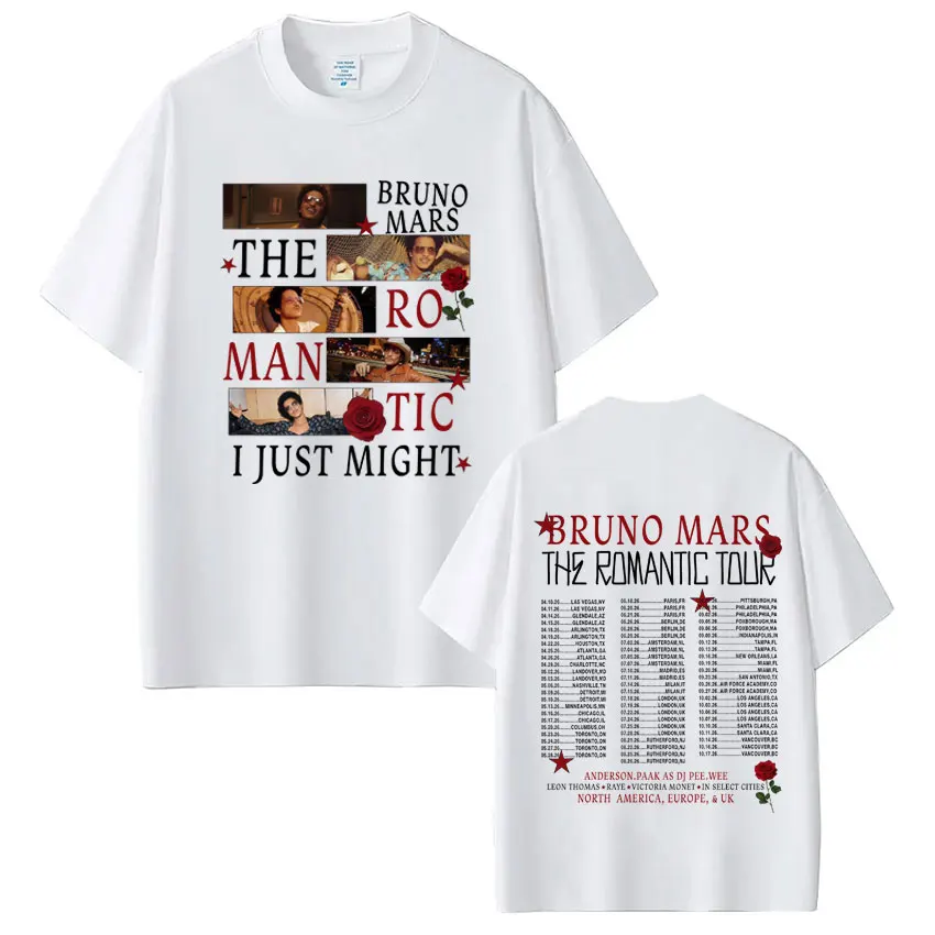 Rapper Bruno Mars The Romantic 2026 Tour Print Tshirt Man Woman Harajuku T-shirt Short Sleeve Casual Cotton Gothic Punk T-shirts
