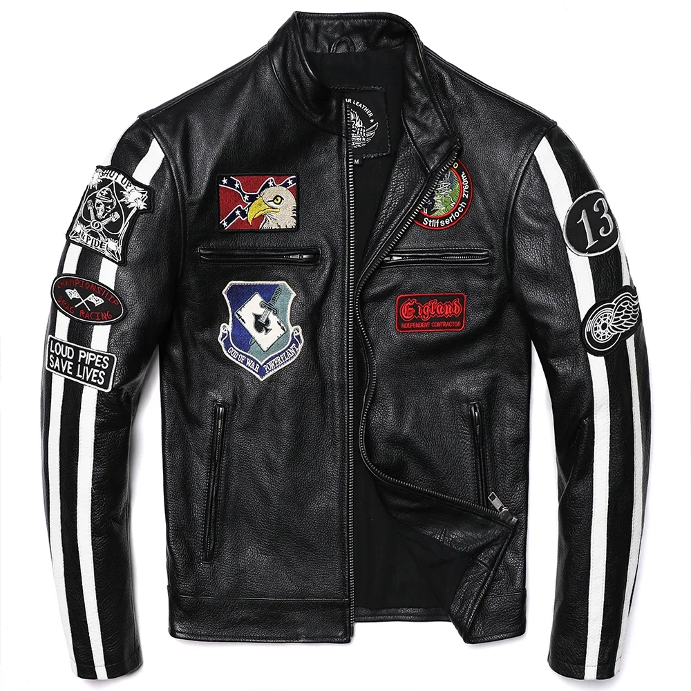 New Embroidery Motorcycle Biker Genuine Leather Jacket Men's Natural Cowhide Quality Coat Slim Short Clothing Jakcets