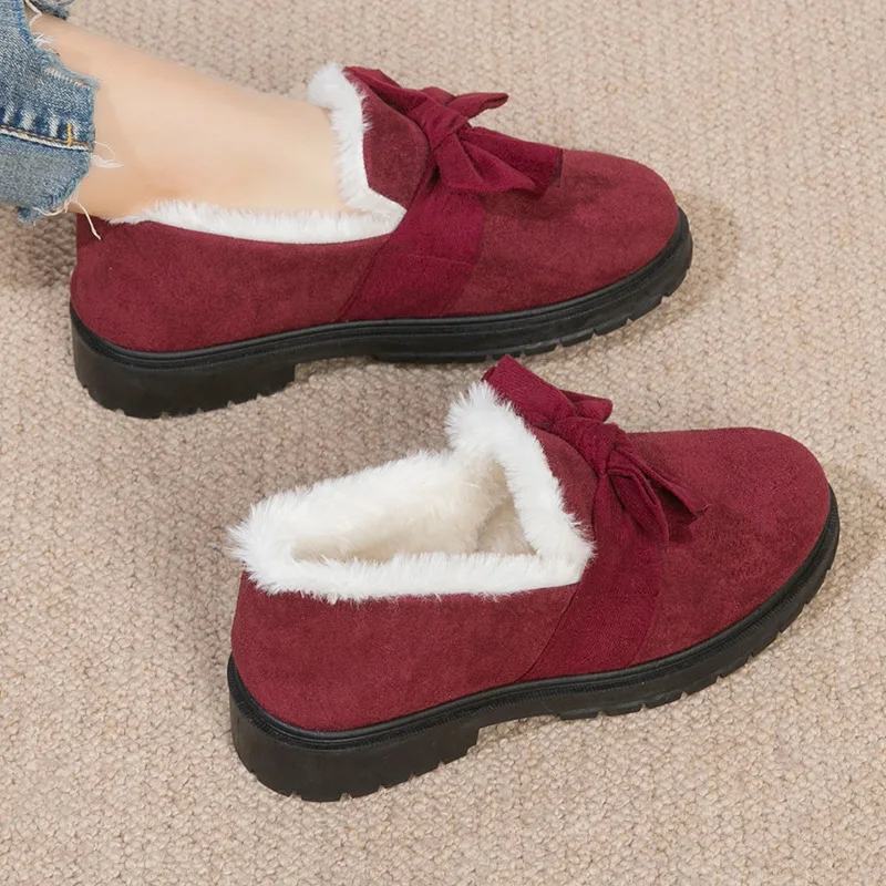 Winter New Ladies Cotton Shoes Plush Warm Non-slip Female Casual Shoes Woman Bowknot Short Snow Boots Mom Comfy Furry Loafers