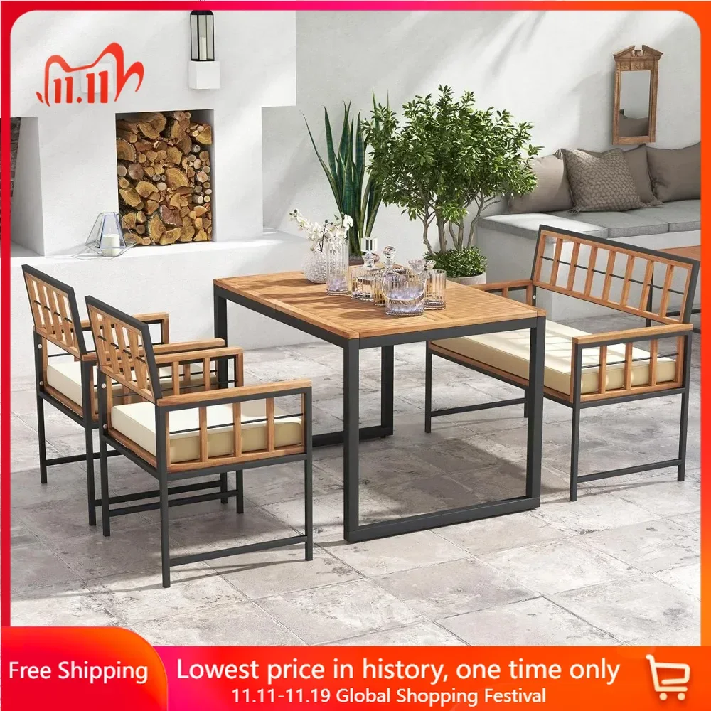 

4 Piece Patio Dining Table ,W/ 2 Chairs & 1 Loveseat, 47” Acacia Wood Table W/Umbrella Hole,Cozy Seat Cushions, Dining Table Set