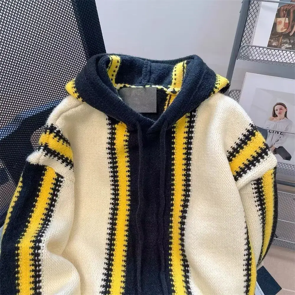 

Вязаный свитер с капюшоном в полоску Thiened для мужчин и женщин, осенне-зимняя верхняя одежда для пар, мягкий полиэстер