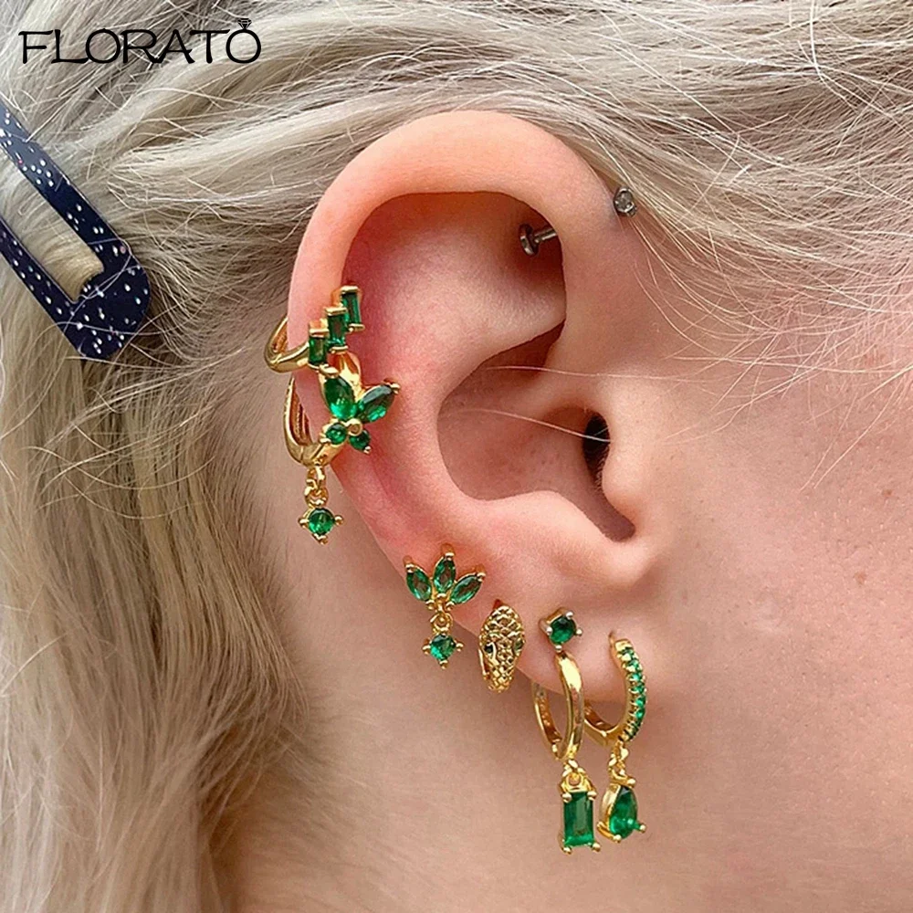 925 Sterling Silver Needle Luxury Green Earrings Trend 18K Gold Hoop Earrings for Women Fashion Puncture Jewelry Ear Accessories