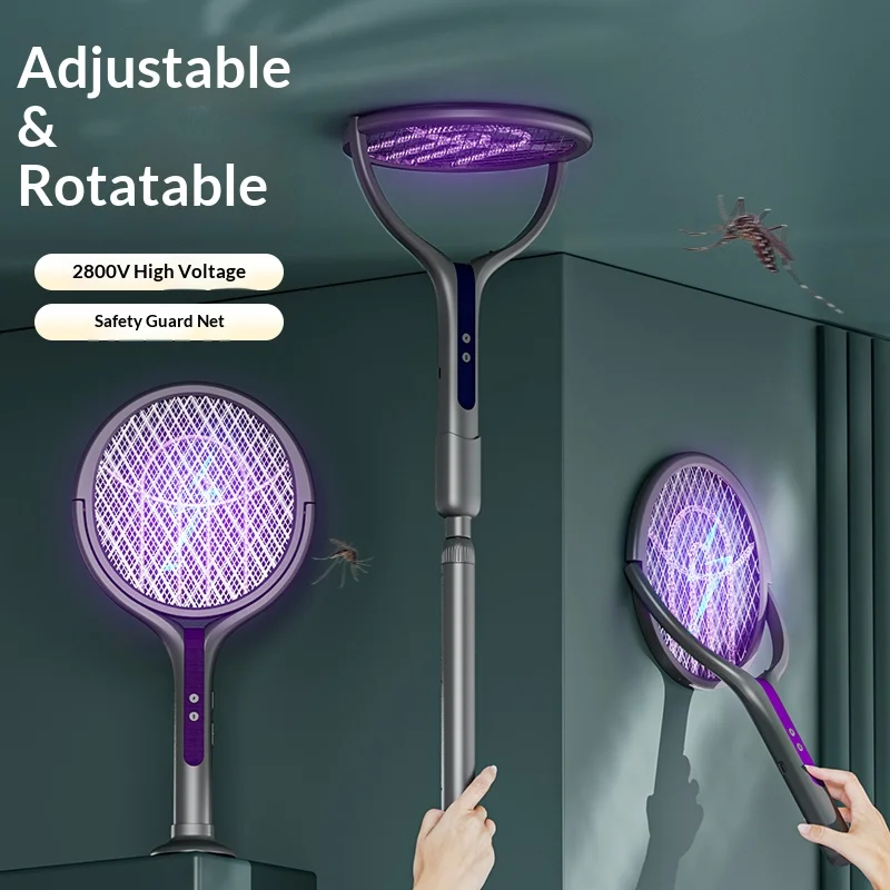 Raquette anti-insectes à tête rotative, tapette à mouche électrique Rechargeable, tueur de mouches et piège à moustiques, lampe pour l'intérieur et l'extérieur