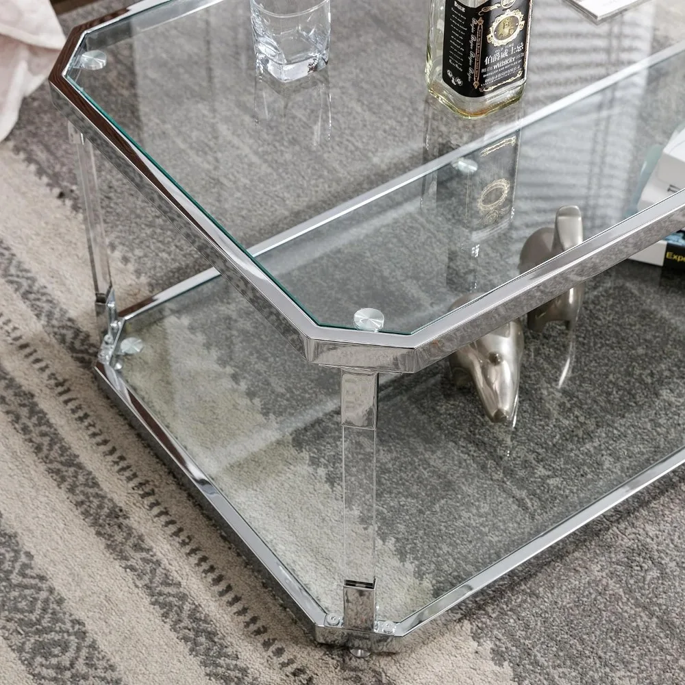 Glass Coffee Table, Clear Coffee Table with 2 Tiers, Acrylic Leg, Chrome Frame, Rectangular Center Table for Living Room
