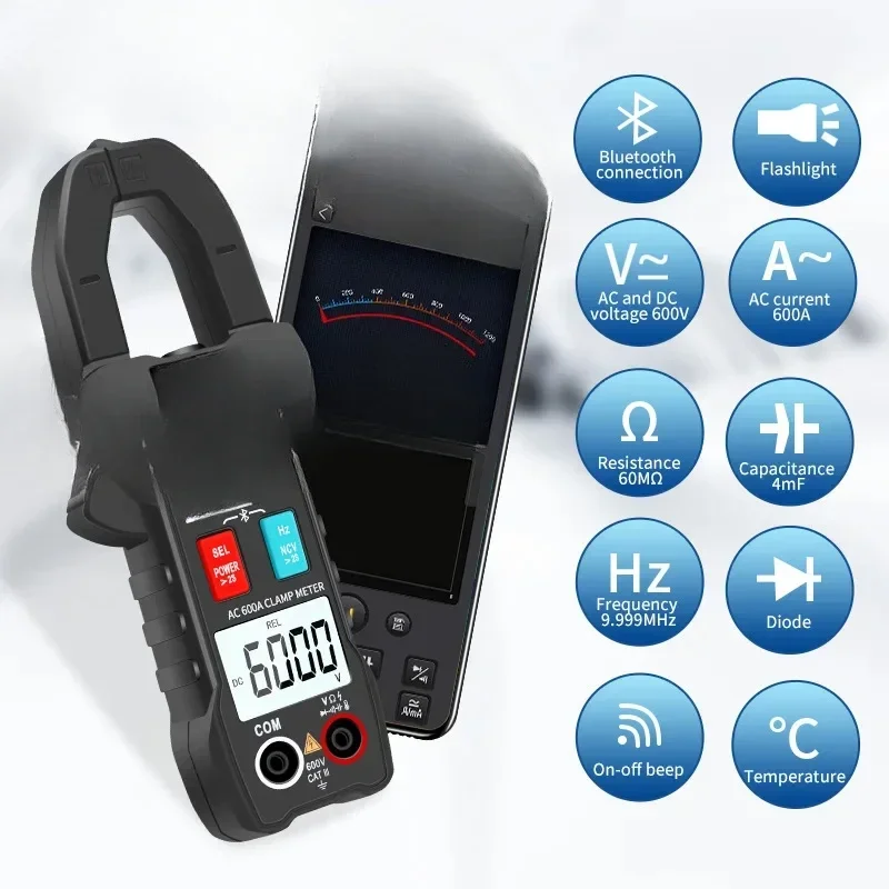 Bluetooth Clamp Meter True RMS Auto Range Multimeter Digital AC/DC Voltmeter Ammeter Pliers Hz Capacitor NCV Temp Tester