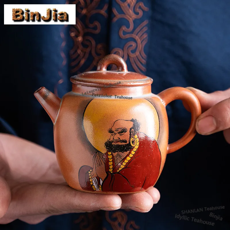 Zen Coarse Pottery Qin Quan Pot Hand-painted Bodhidharma Tea Infuser Pot Tea Maker Kettle Teacup Chazhan Drinkware Collection