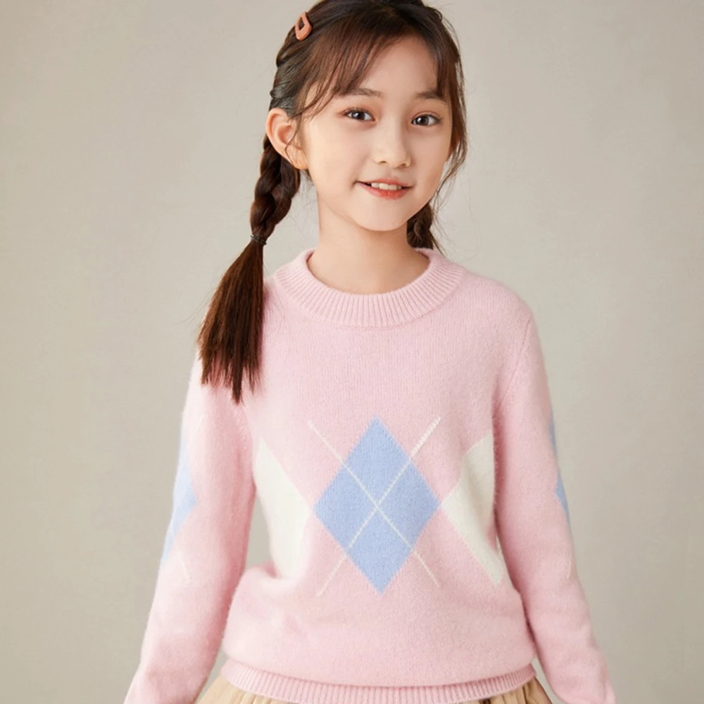 Winter New Style High quality Cashmere sweater girl Color blocking simplicity pullover Sweater Round neck casual childrens Coats