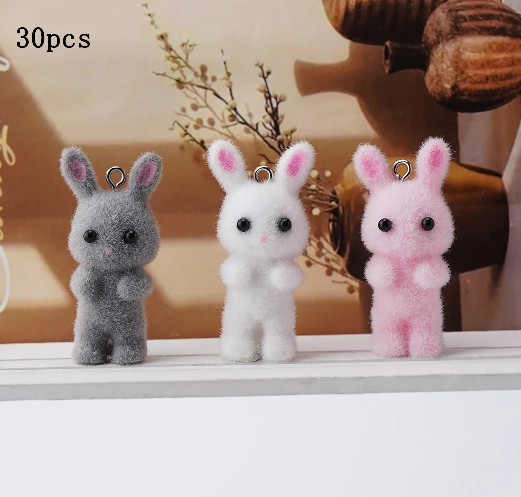 30pcs 3D Cute Cartoon Rabbits Charms Flocking Animal Pendant For Making Bracelet Necklace Keychain Handmade Accessories Supplies