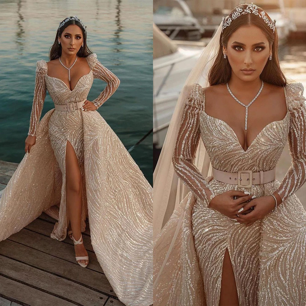 Arabic Formal Wedding Dresses Cap Sleeves Detachable Train Bridal Gowns Custom Made Side Split Sequined Vestido de novia