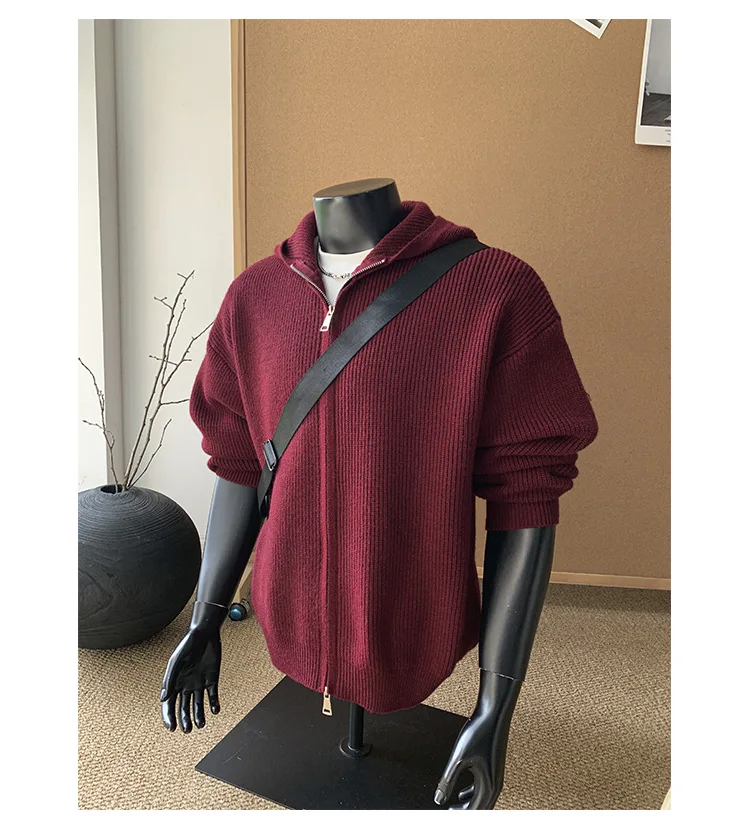2026 New Autumn Winter Simple Solid Color Knitted Hoodie Men Japan Korean Fashion Casual Loose Double Zipper Hooded Jacket