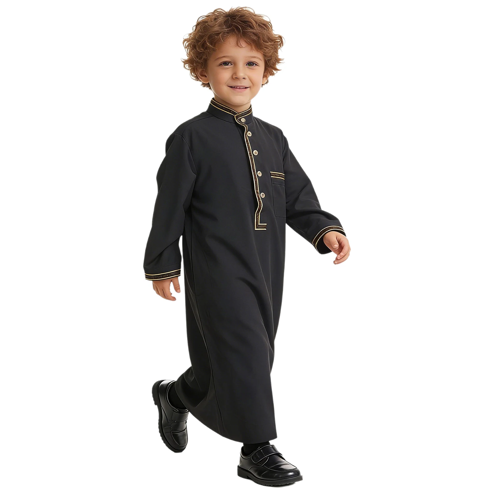 Muslim Boys Robe Abaya Arab Dubai Middle East Islamic Kaftan Thobe Long Sleeve Button Dress with Pocket Ramadan Eid Prayer Gown