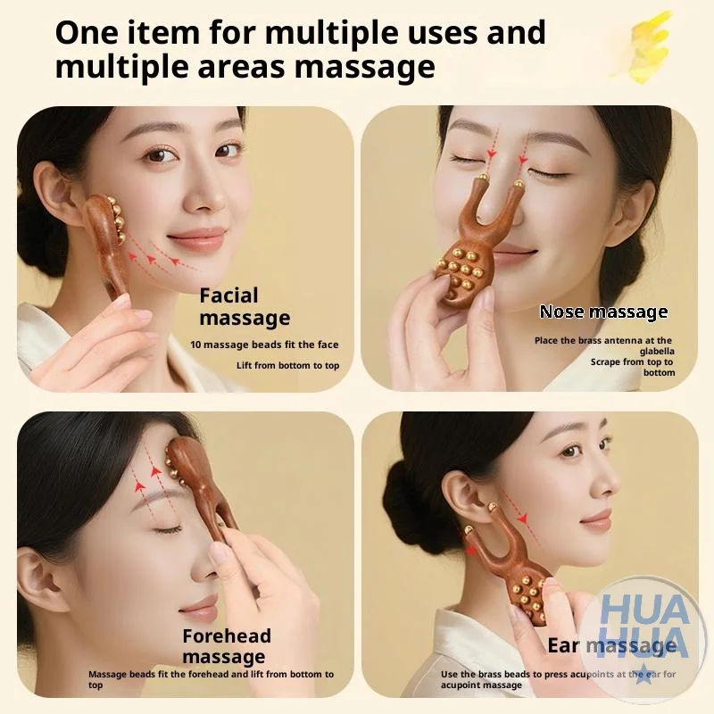 

12 медных бусин Гуаша, массажер для лица, инструмент с ручкой из сандалового дерева, подтяжка фасции, ручной массажер для лица, антистатическая форма лягушки, ручной