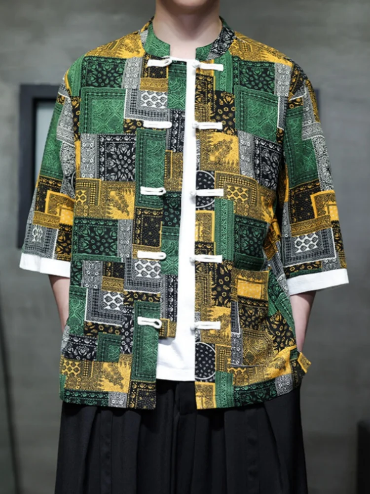 

Casual Cotton Linen ort Sve irt Men's Ethnic Print Outerwear Breathable Summer Faion Traditional Chinese Sle irt