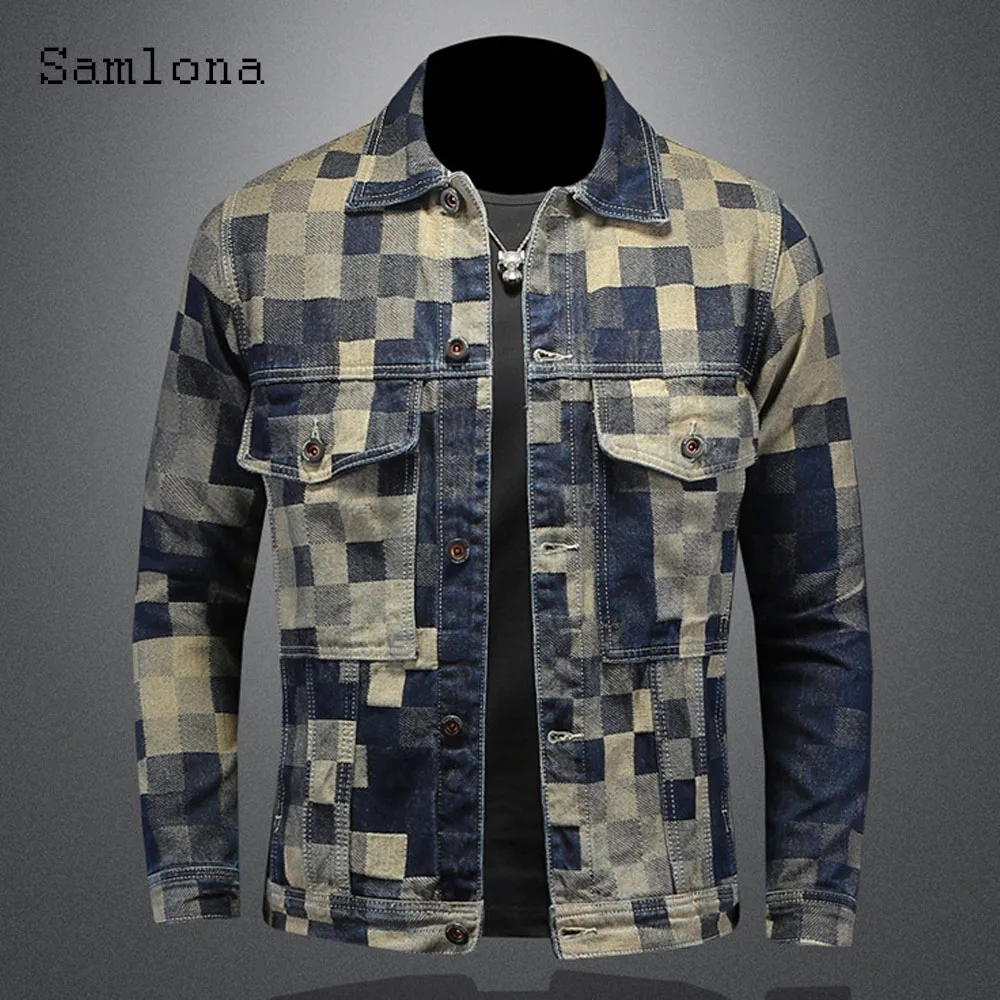 2025 New Spring Autumn Motocycle Denim Jackets Men Fashion Notched Plaid Jean Denim Jacket Men's Vintage Stand Pockets Outerwear