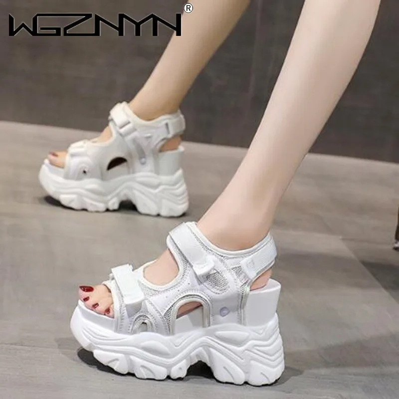 10.5CM Platform Gladiator Sandals Lace Up White Sandals Women High Heels Wedges Casual Sports Shoes Woman Summer Autumn Sneaker