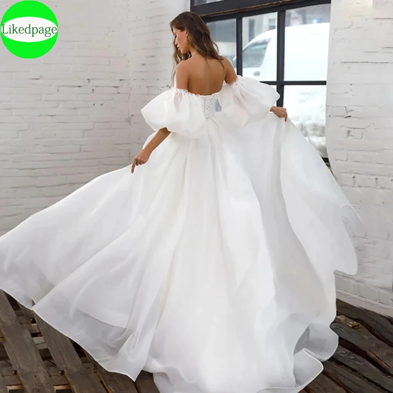 

Noble Simple Removable Puffy Sleeves A-line Floor length Bride Dress White Organza Vestido De Novias 2024