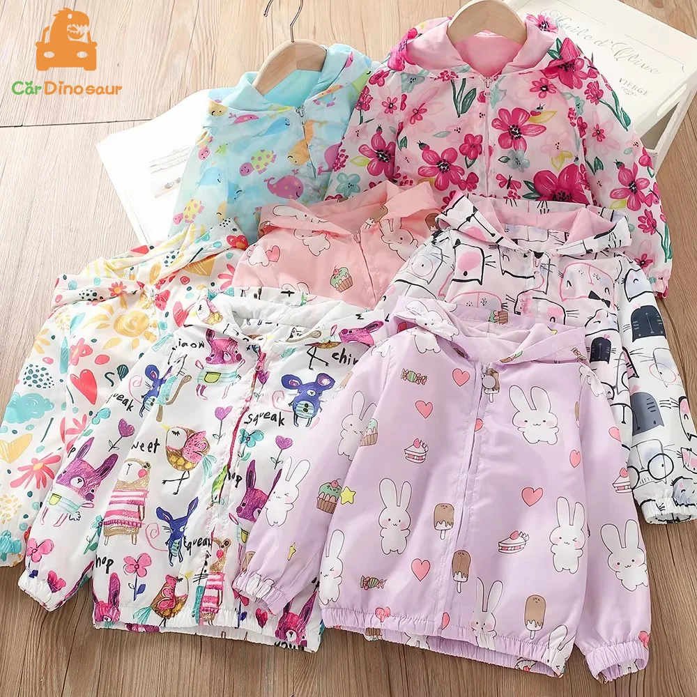 2026 Spring Autumn 2 3 4 5 6 8 10 Years New Fashion Sweet Cute Cartoon Flower Animal Print Hooded Kids Baby Girls Thin Jacket