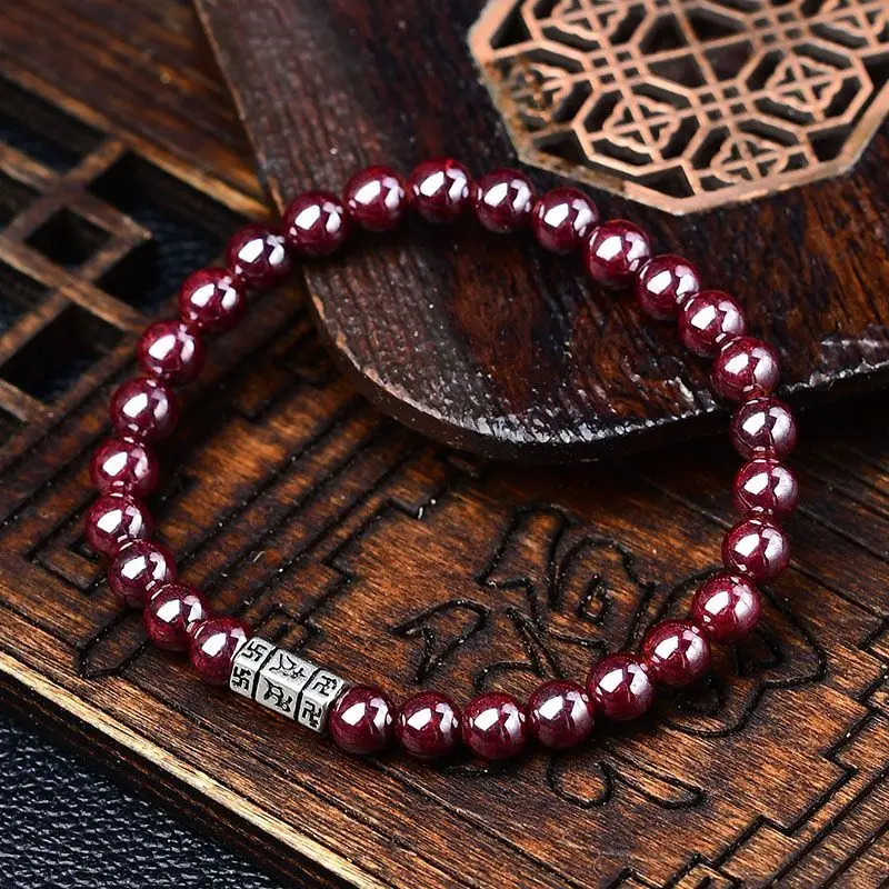 Natural Raw Ore Cinnabar Bracelet 6mm round Beads 925 Silver Six Words Proverbs Men and Women Holiday Birthday Gift