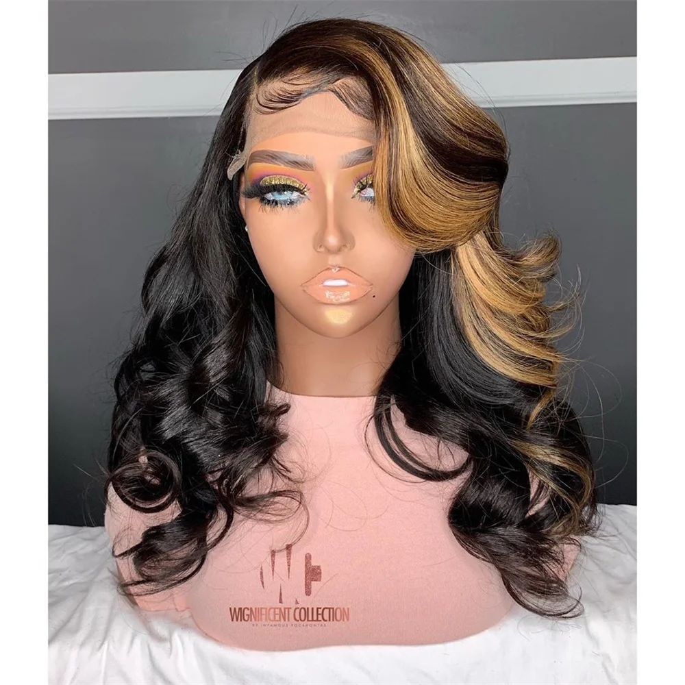 13x4 Hd Body Wave Lace Front Wig Synthetic Colored Highlight Glueless Free Part Wig Body Wave 4/27 Honey Blonde Lace Front Wig