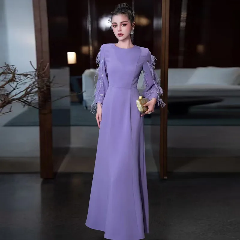 ZJYT Elegant Women\'s Long Evening Party Dresses 2025 Spring Designer Feathers Beading Maxi Purple Dress Female Vestidos Robe