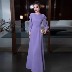 ZJYT Elegant Women's Long Evening Party Dresses 2025 Spring Designer Feathers Beading Maxi Purple Dress Female Vestidos Robe