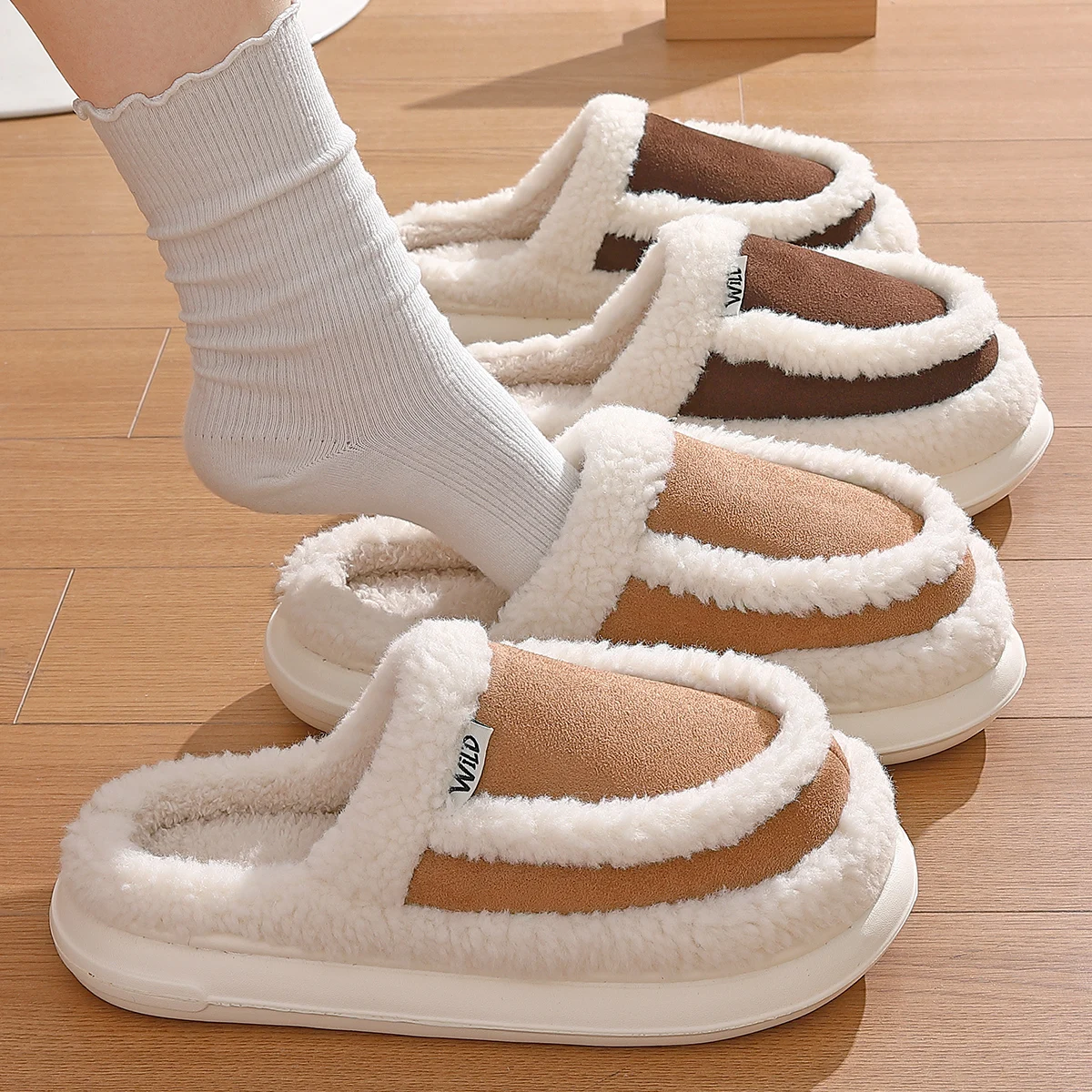 Winter Warm Fashion Color Patchwork Thick Furry Women Plush Slippers Non-slip Sole Men Couple Home Cotton Shoes