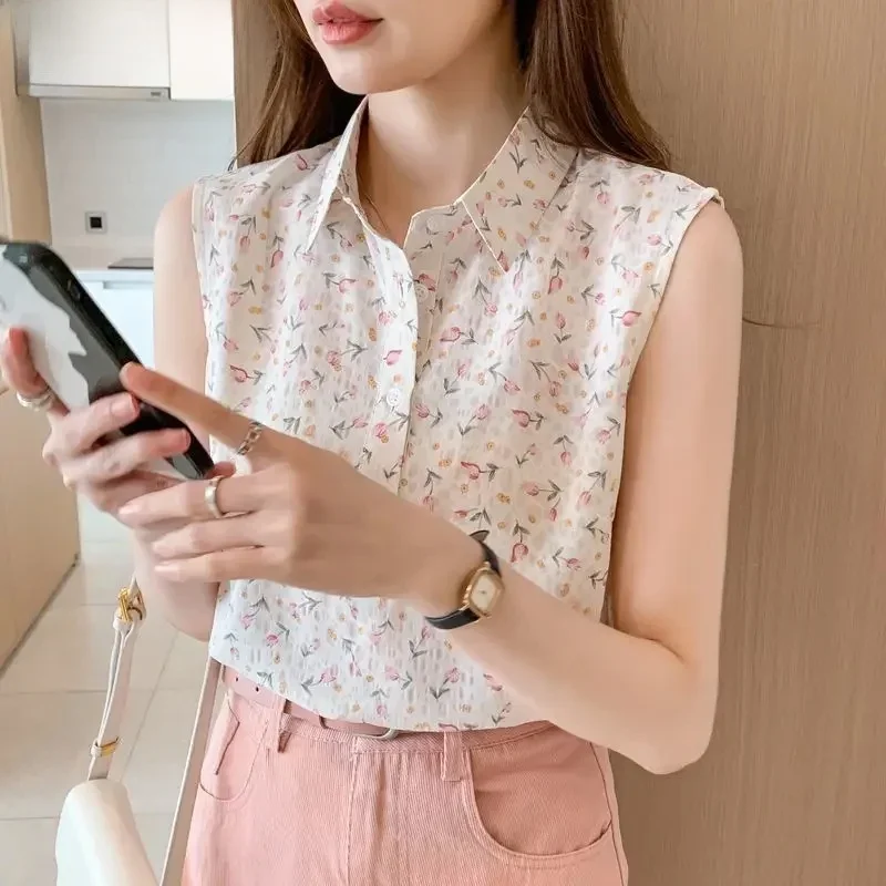 

Sleeveless Vintage Shirts Floral Summer Blouses For Women Oversized Tops Turndown Collar Temperament Blouses Camisas De Mujer