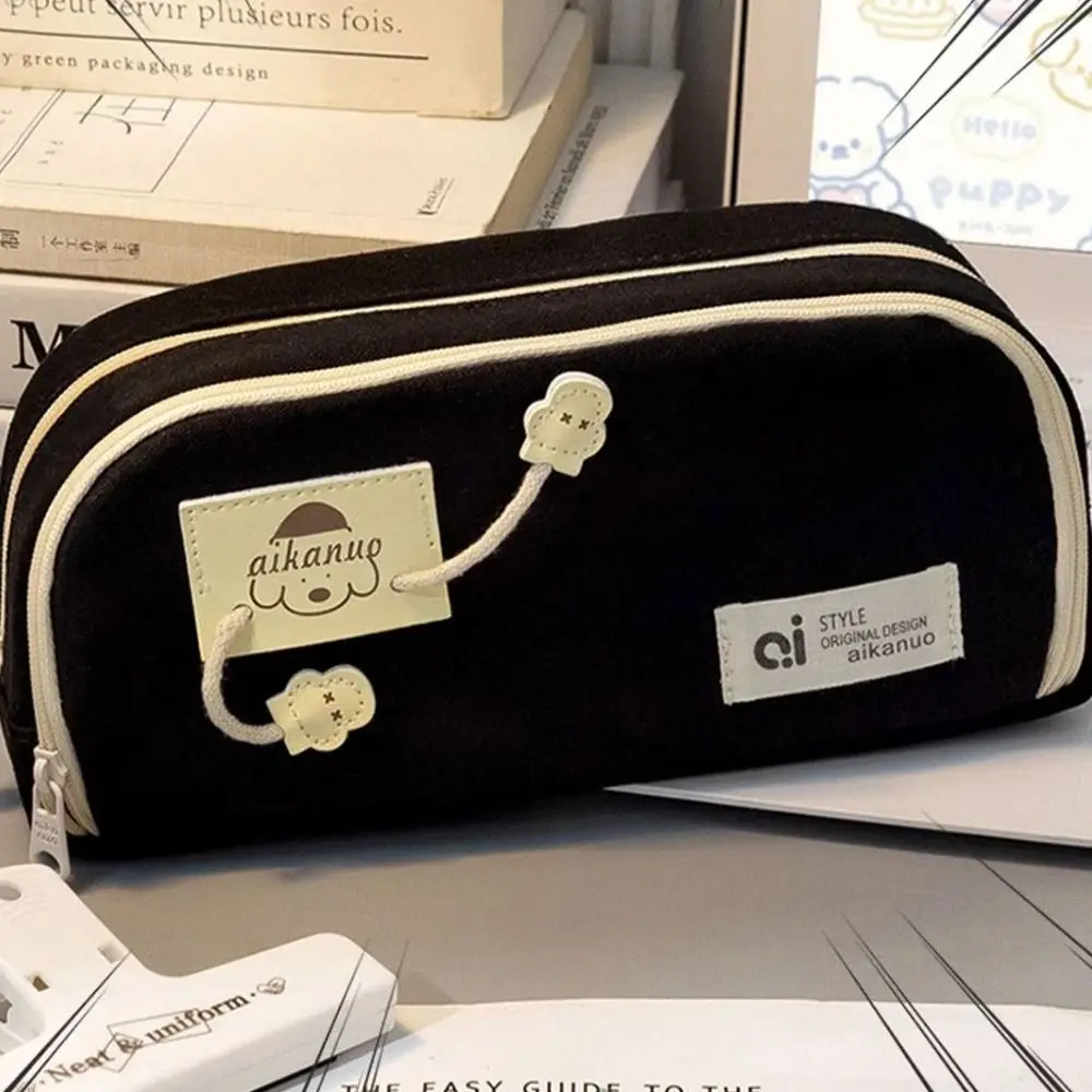 

Desktop Storage Canvas Stationery Bag Large Capacity Korean Style Multi Layer Pencil Bag Aesthetic Puppy Pencil Pouch Student