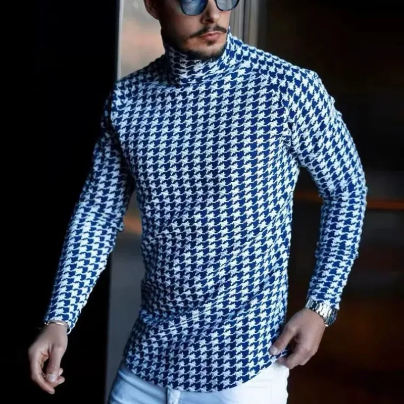 High Neck Bottoming Men's Long-sleeved T-shirt Thousand Grid Birds Pile Collar Spring New Men's Clothing